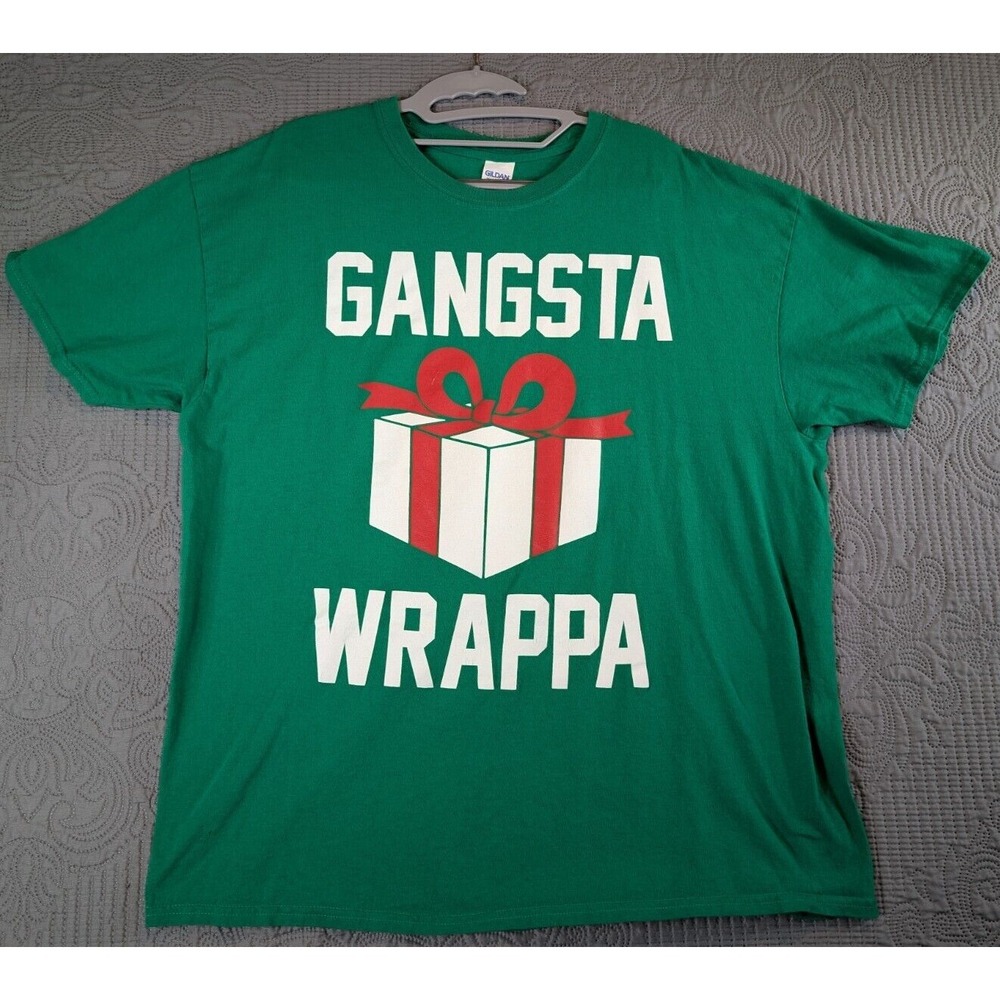 Gildan Christmas T-shirt Men's XL Green Gangsta Wrap Graphic Print  Casual Logo